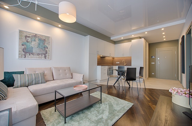 a living room and kitchen with furniture